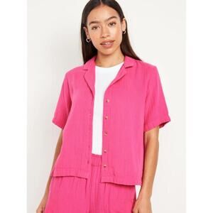 Old Navy Women's Short-Sleeve Relaxed Cotton Gauze Button-Down Top Size XL Pink